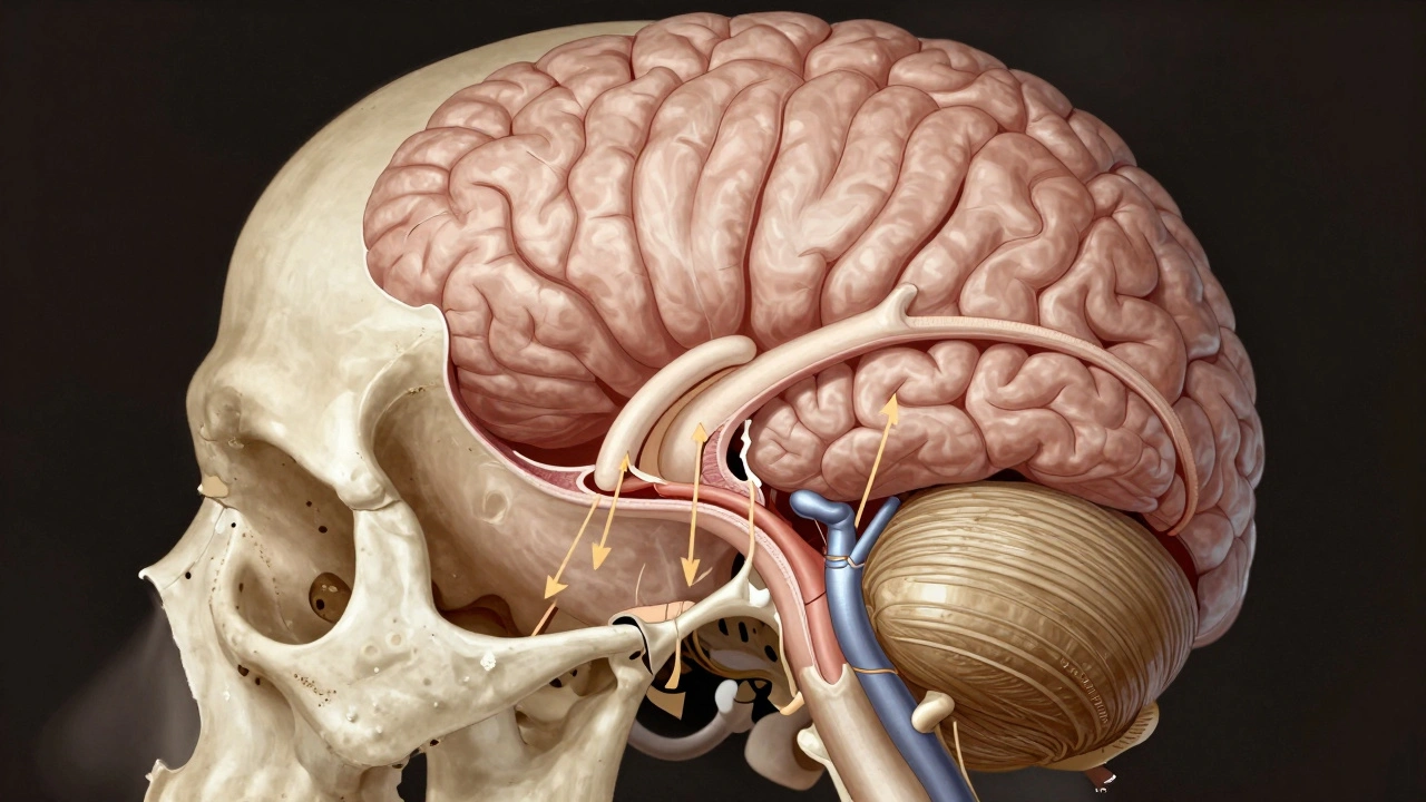 Cross-sectional view of a skull showing the occipital hinge cut and preserved brain structures with attached dura mater.