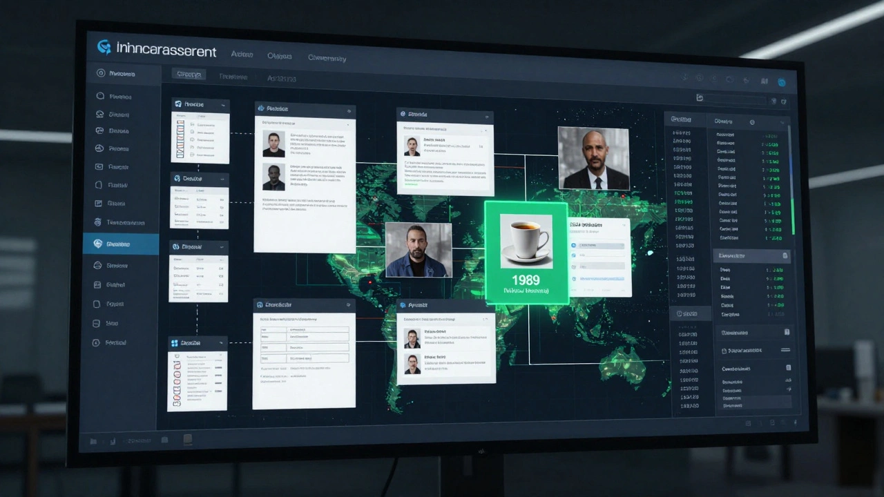 Digital dashboard displaying a cold case DNA match between historical evidence and a modern genetic database.