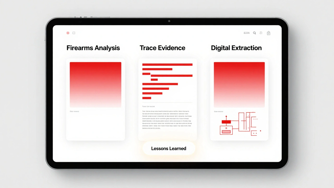 Digital portfolio interface displaying three forensic case samples with schematic diagrams and redacted data.