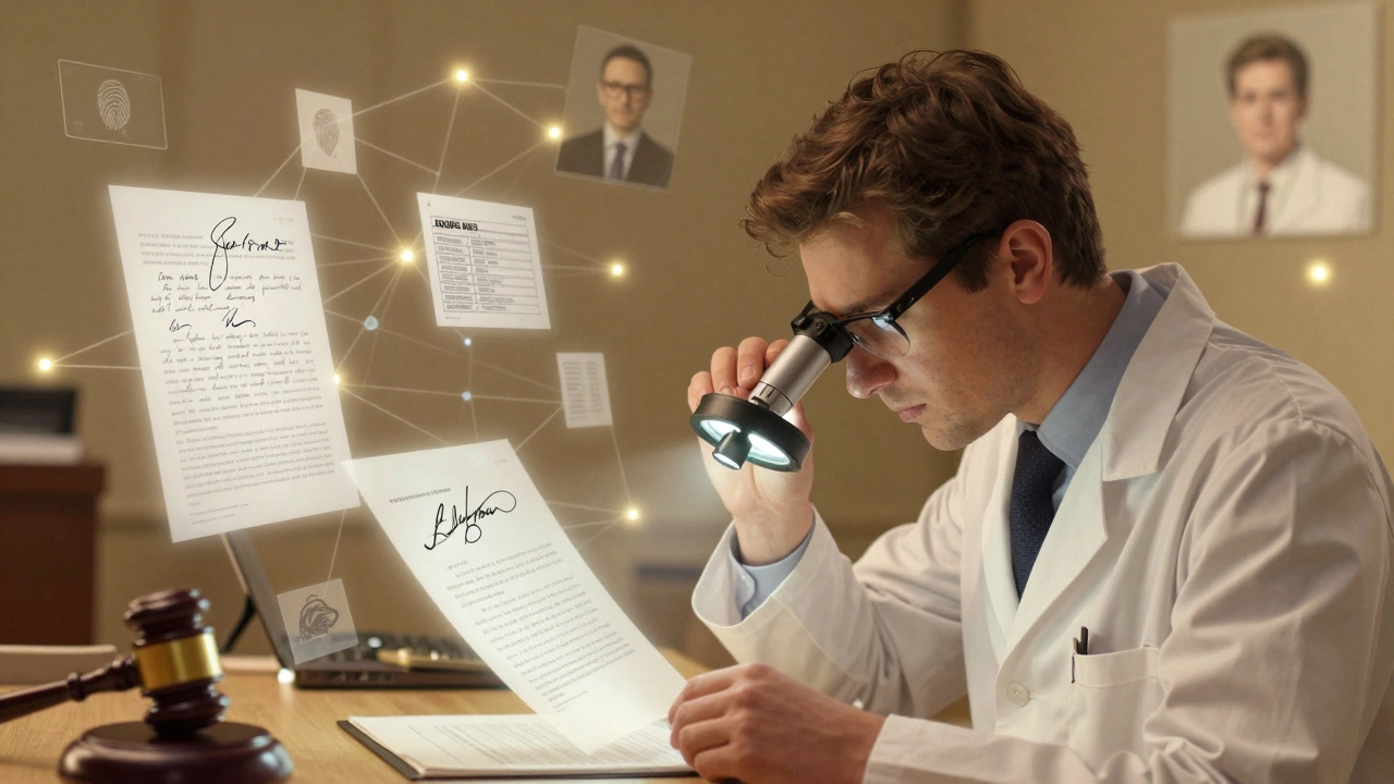 Document examiner analyzing handwriting under a lamp, with floating forensic elements connecting to other specialties.