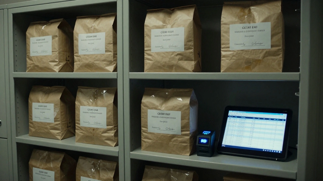 Evidence locker with labeled paper bags and digital audit system under low lighting in a secure forensic facility.