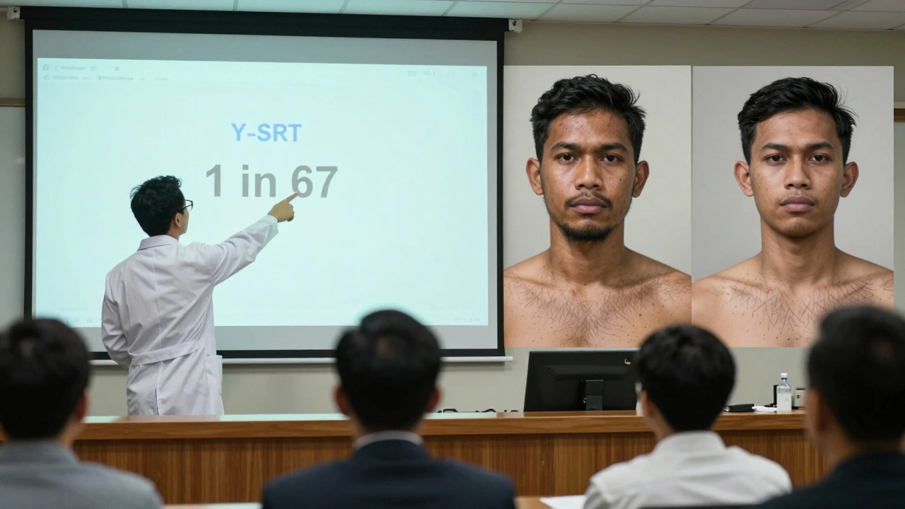 Forensic expert in courtroom explaining Y-STR match probability to a jury with visual aid.