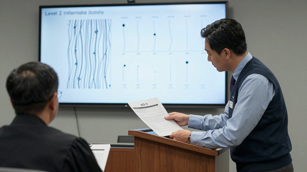 Forensic expert presenting ACE-V documentation in a federal courtroom, judge reviewing ridge pattern comparisons on a screen.
