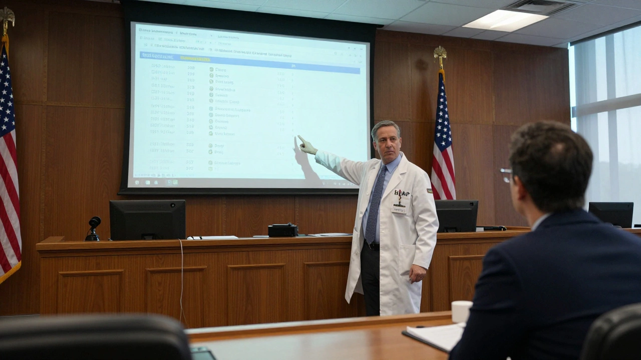 Forensic expert presenting ballistic evidence in courtroom