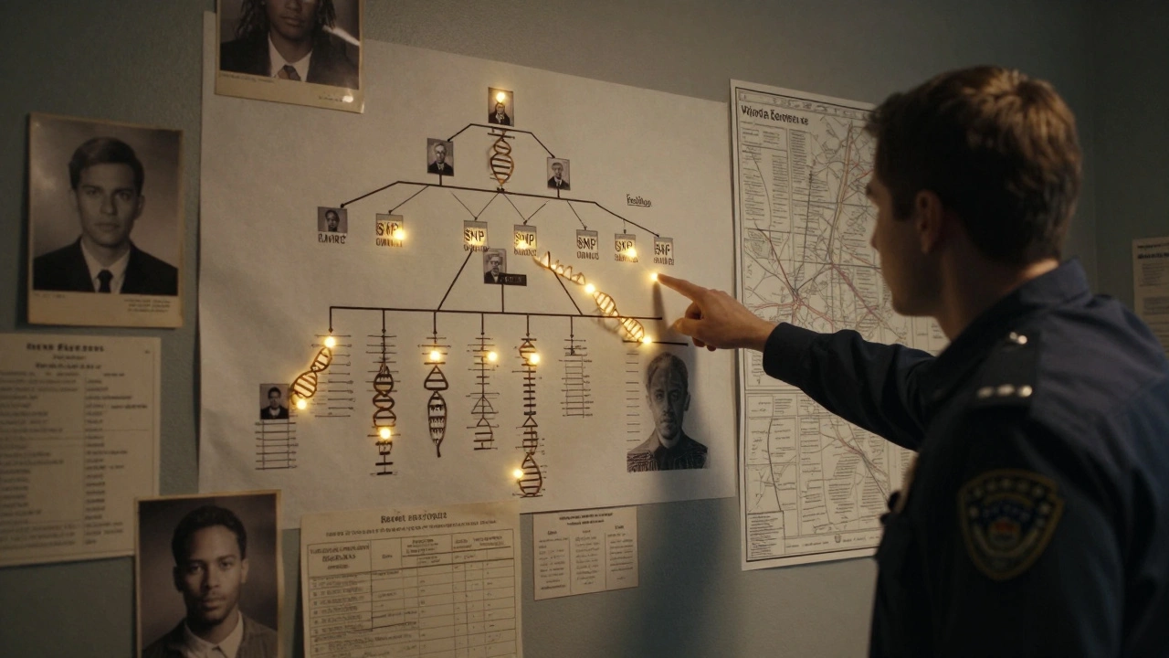 Forensic genealogist mapping a suspect's lineage using public records and SNP-linked family connections.