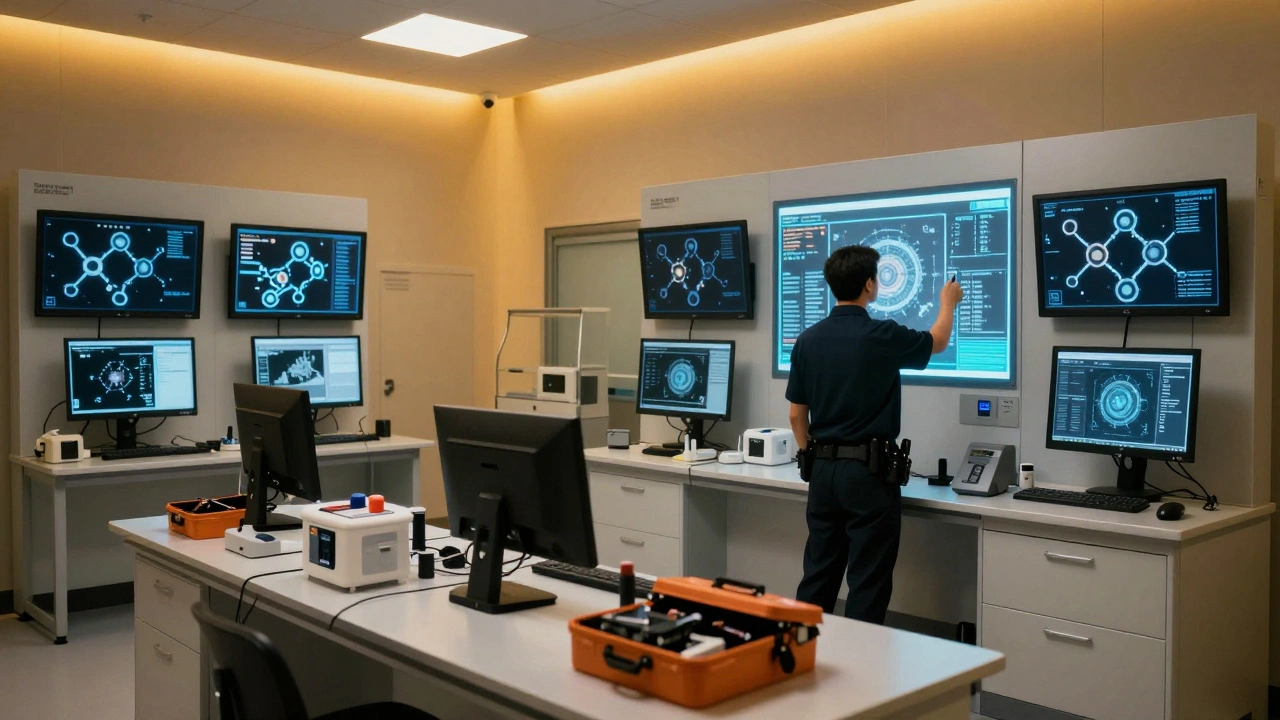 Forensic lab with molecular evidence visualization displays