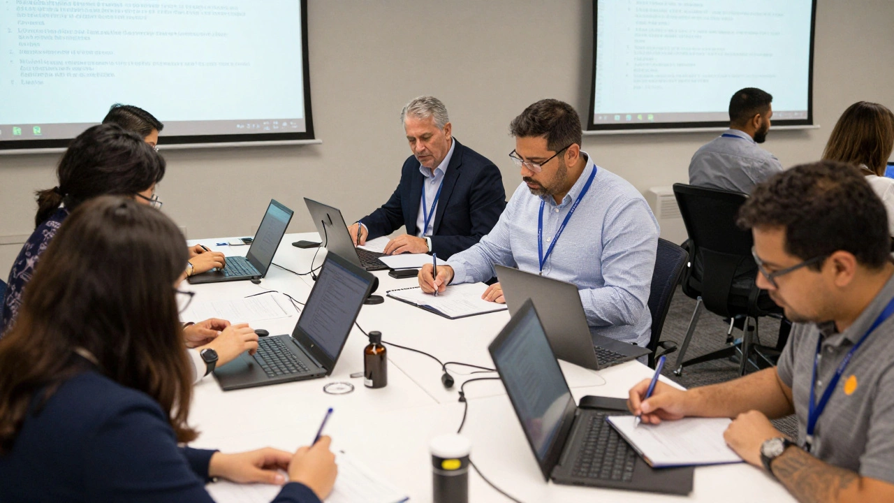 Forensic professionals engaged in a hands-on workshop on rapid DNA analysis at a professional conference.