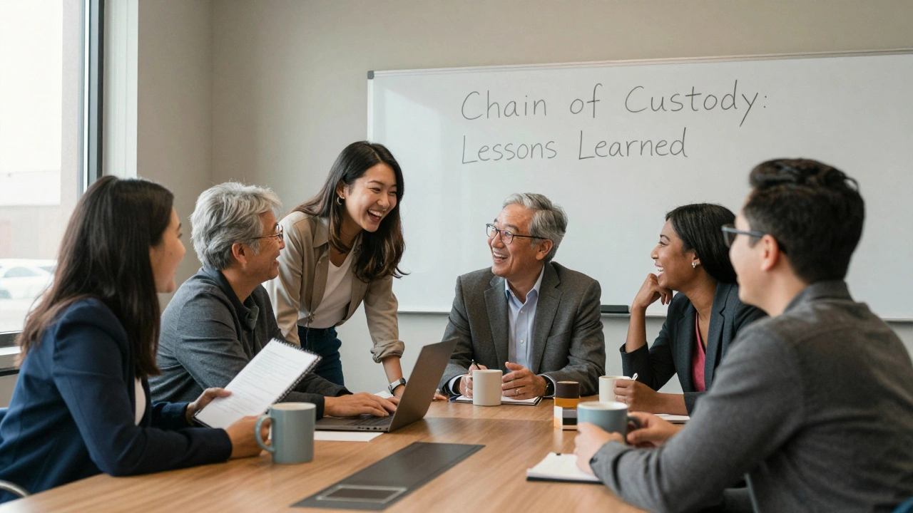 Forensic professionals share stories and coffee during a conference break, building trust.