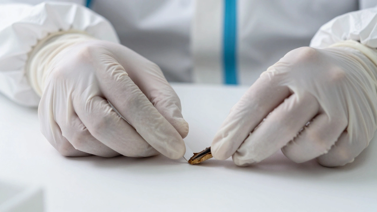 Forensic technician collecting evidence with gloved hands in protective gear.