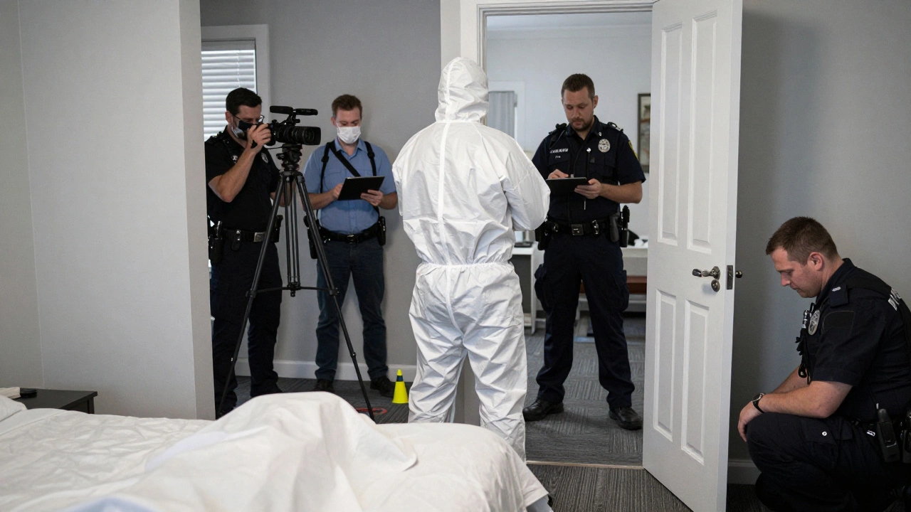 Forensic technicians secure a crime scene as police step back under professional direction.