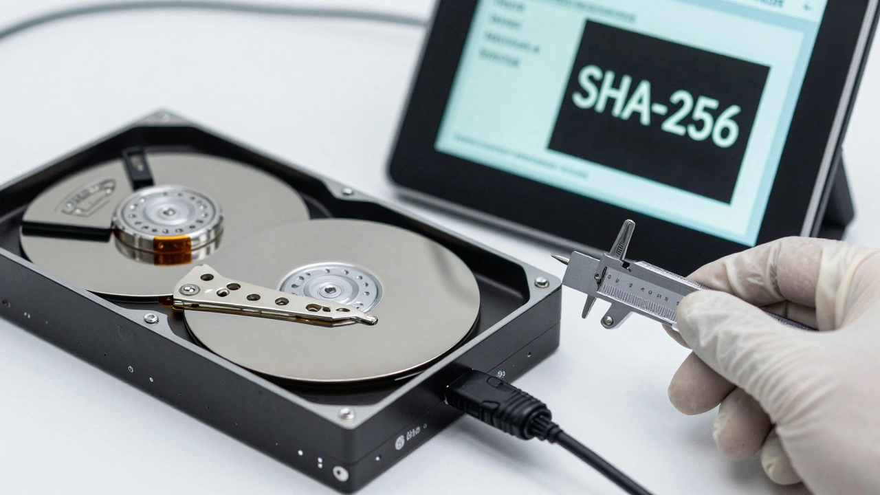 Forensic write blocker connected to a hard drive, with matching SHA-256 hash values displayed on dual screens.