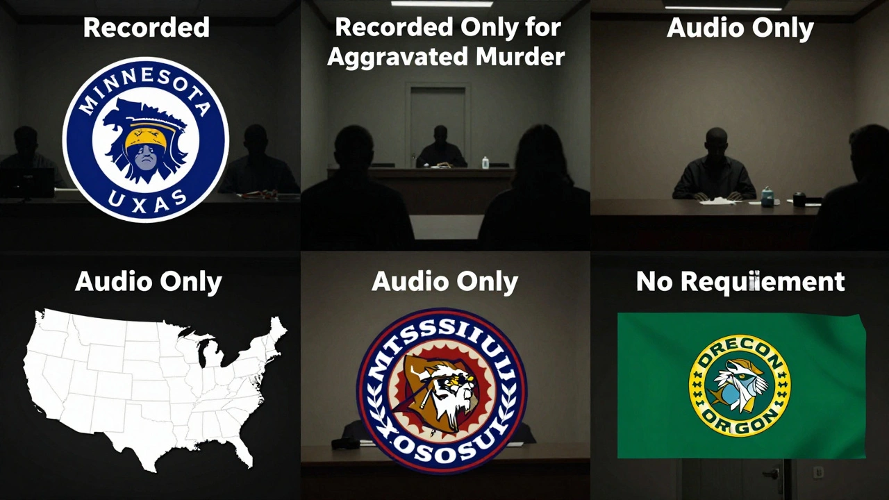 Four U.S. states with differing interrogation recording laws shown through legal symbols and silhouettes.