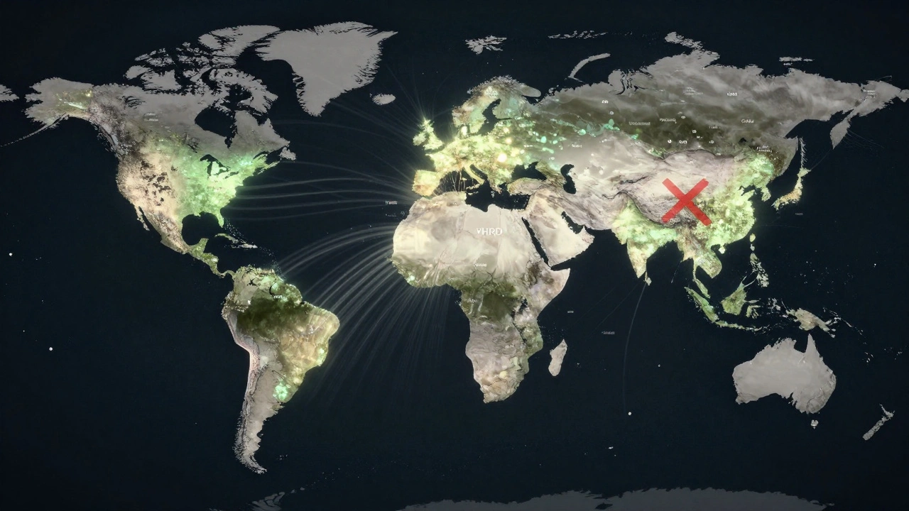Global map with glowing data streams connecting population studies to the YHRD database hub.