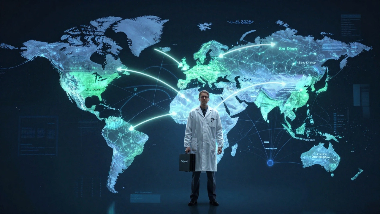 Global map with glowing links between forensic hubs, a scientist at the center symbolizing professional network.