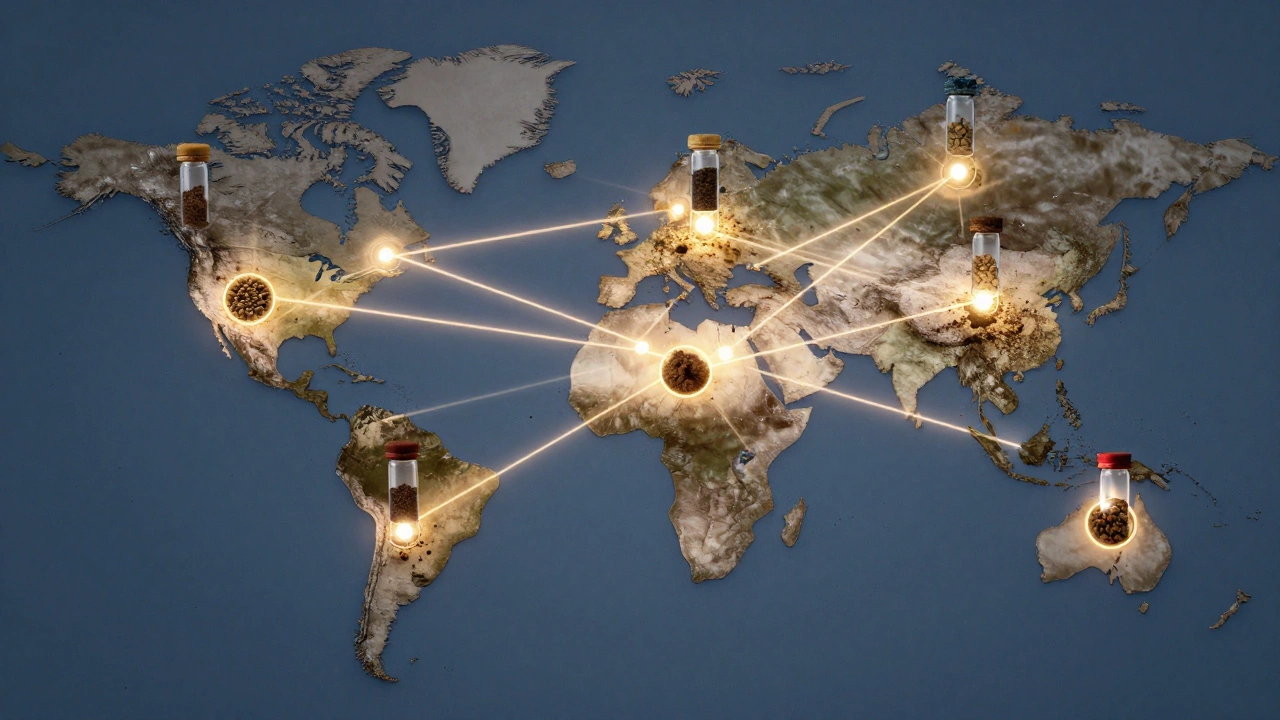 Global map with glowing threads linking soil samples to their geographic origins.