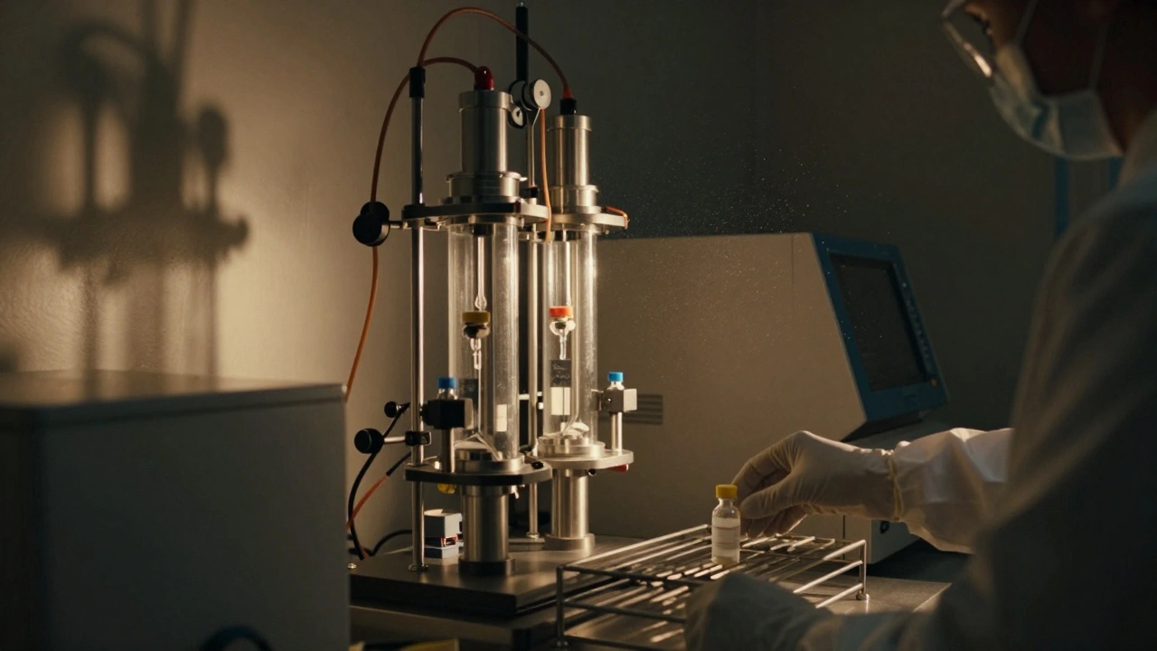 Gloved hand placing an evidence vial in a dark forensic laboratory.