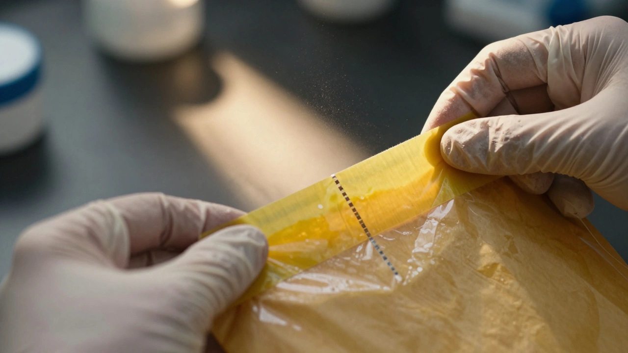 Gloved hands inspecting evidence seal close-up.