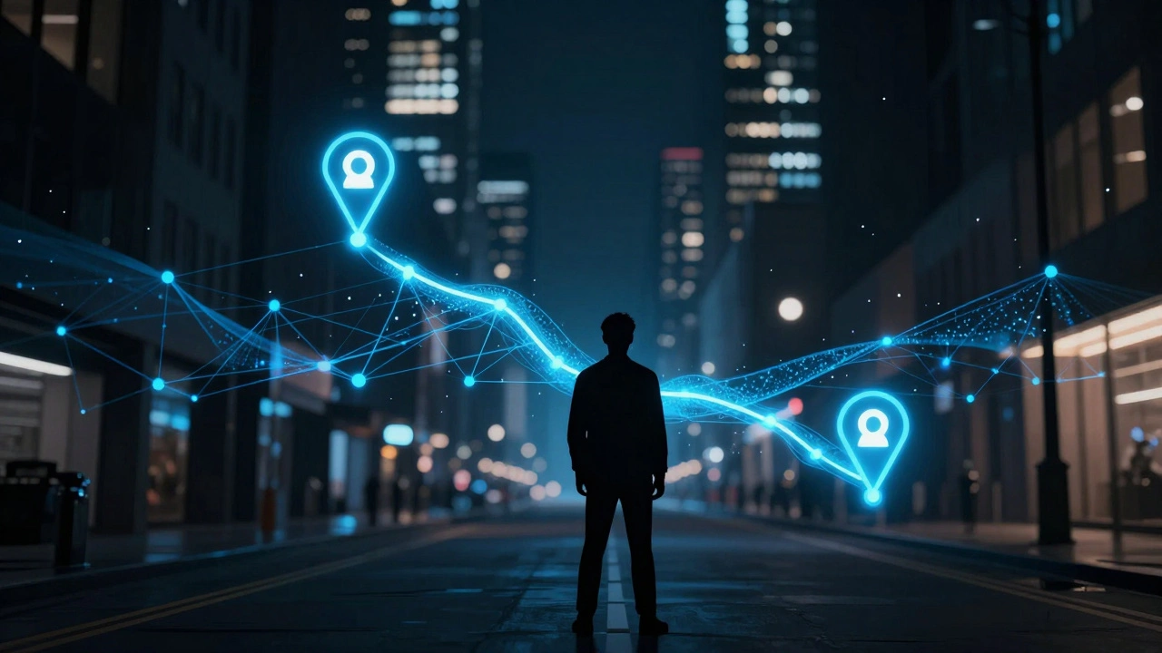 Glowing data trails mapping a path over a dark city street