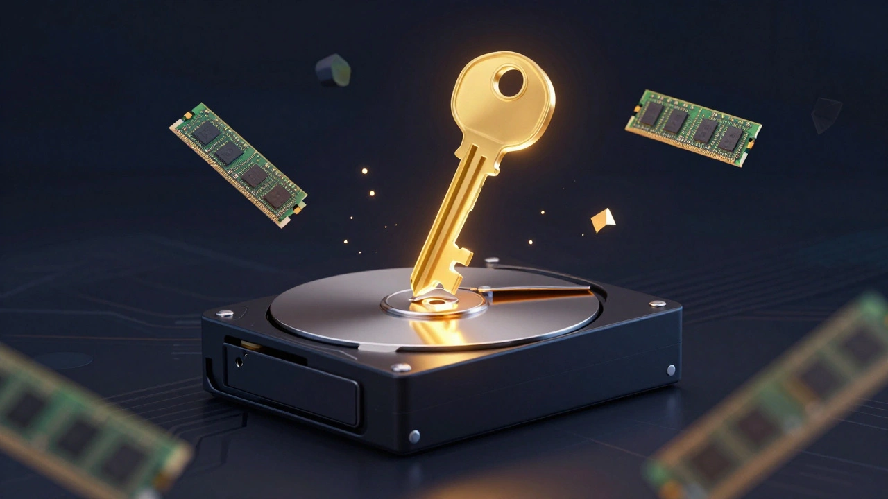 Glowing encryption key floating above locked hard drive in digital space.