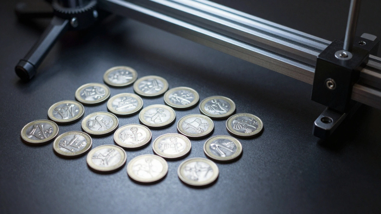 Grid of 18 focus-stacked images of a coin, showing incremental focus shifts.