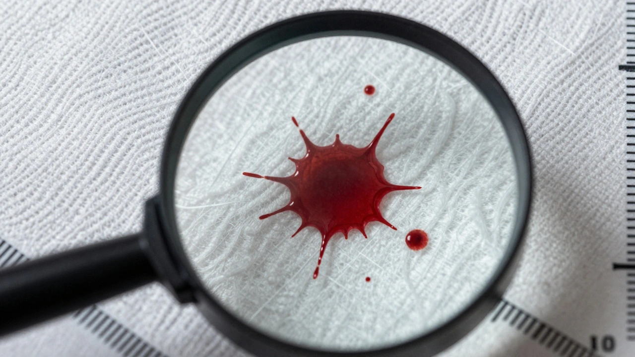 High-magnification view of a single re-contact spatter droplet with jagged edges on woven fabric fibers.