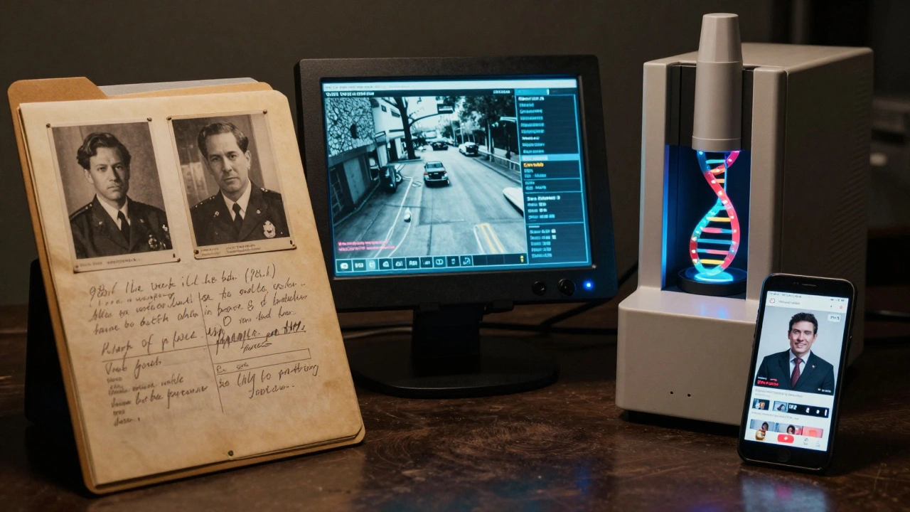Historical police file next to modern tech like AI surveillance, DNA machine, and YouTube video on screen.