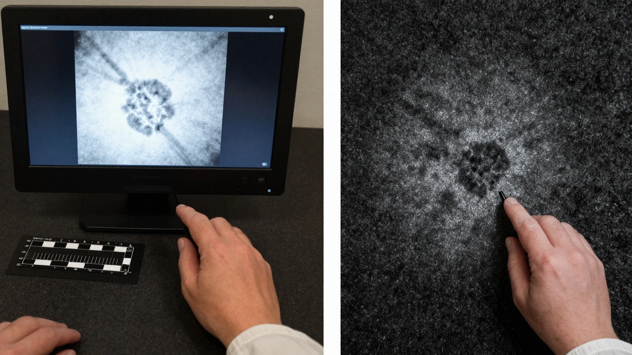 Infrared image revealing hidden bloodstains on carpet with a measurement scale beside it.