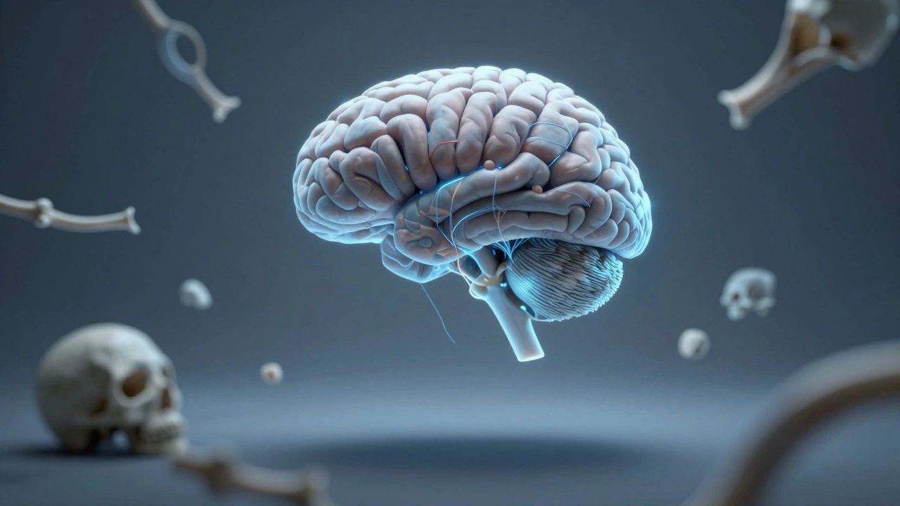 Intact human brain suspended above a skull base, with delicate neural and vascular connections still intact.