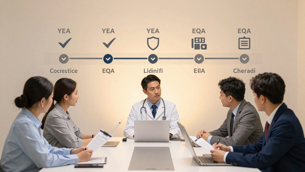 Internal audit team presents corrective actions to a board, with a visual timeline of five-year accreditation cycles.