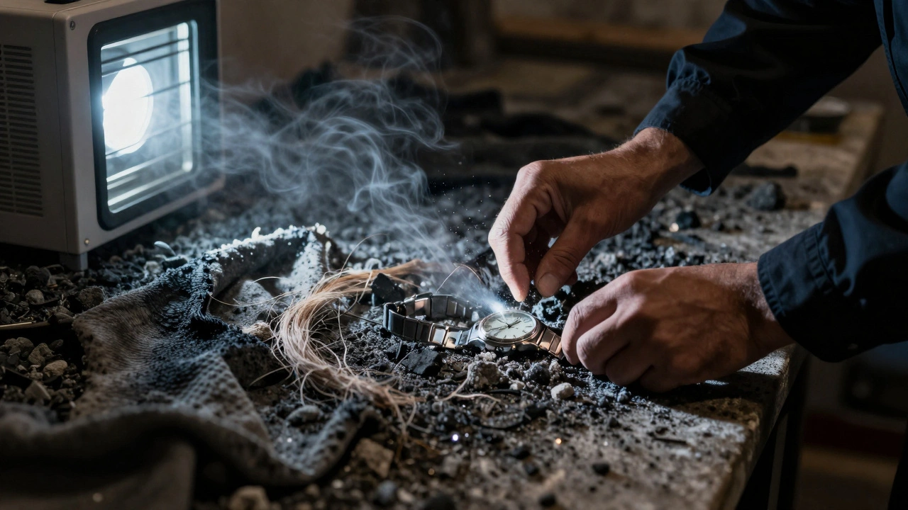Investigator collecting ash from a melted watch in a burned crime scene under UV light.