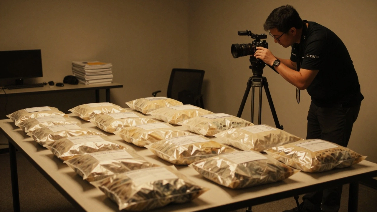 Investigator organizing evidence bags and setting up photography equipment.