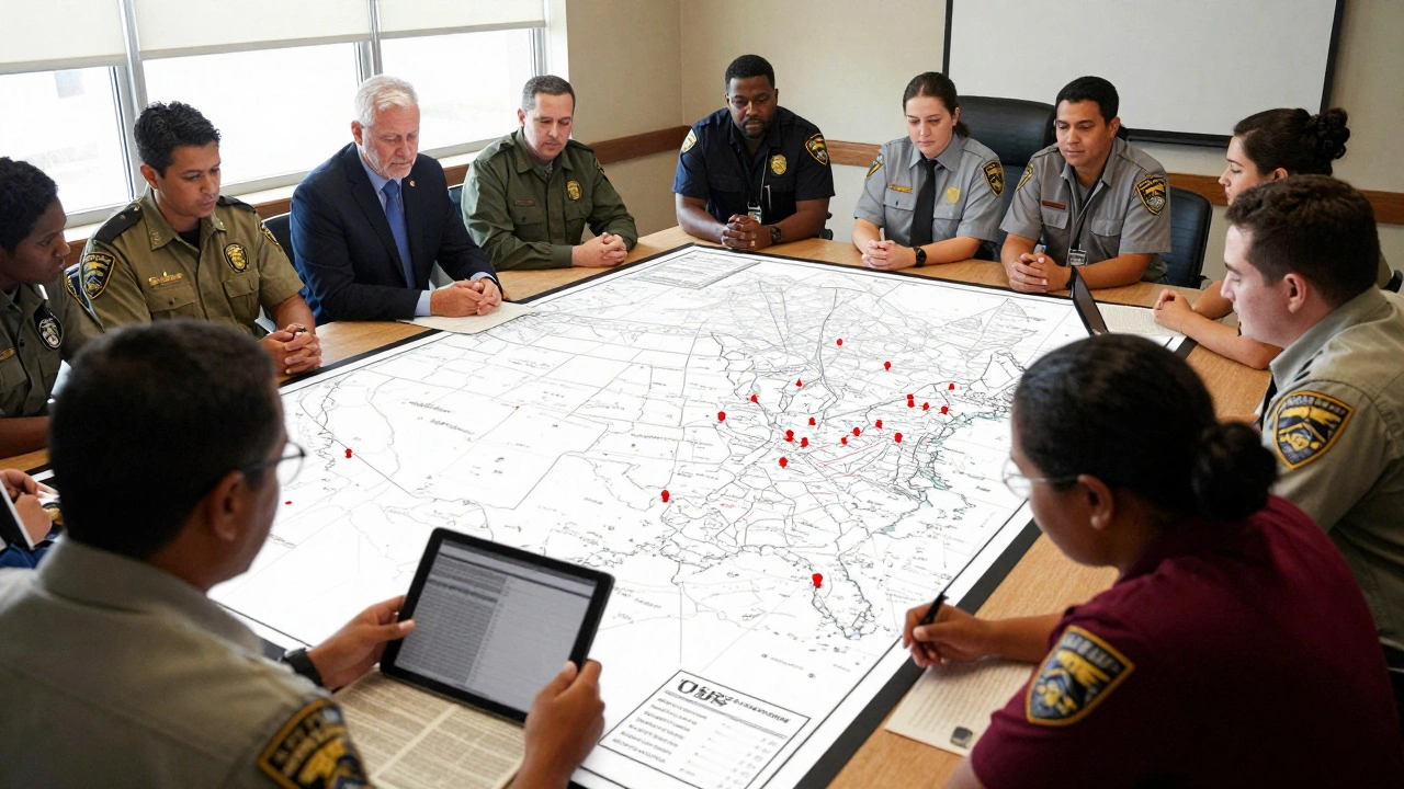 Investigators using a digital map and digitized clippings in a collaborative cold case task force room.