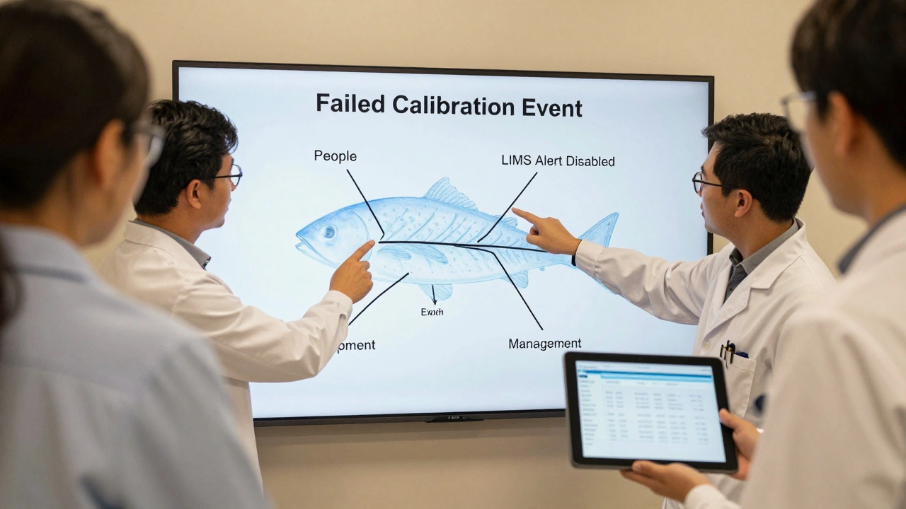 Lab team analyzes a fishbone diagram during a quality review meeting, identifying root causes of an error.