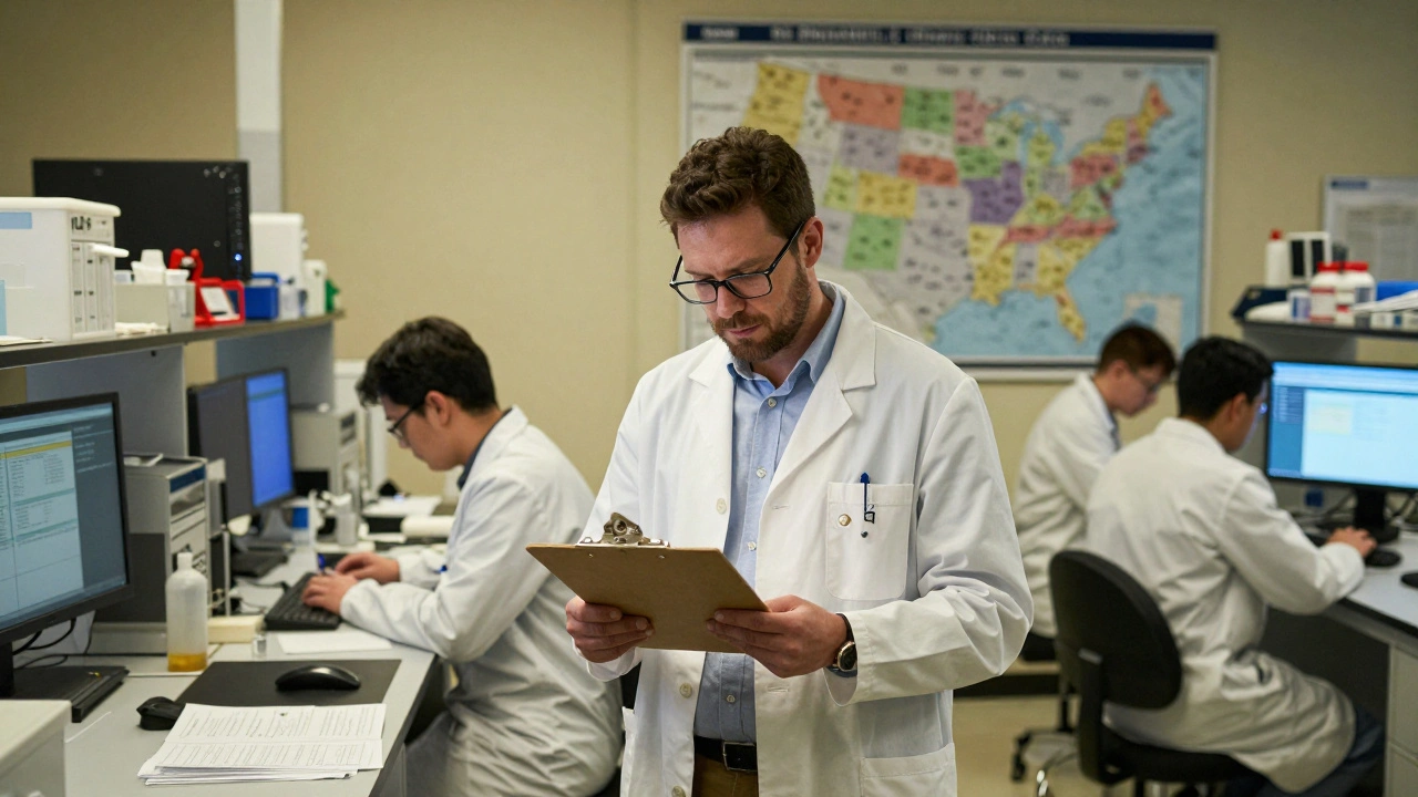 Laboratory manager overseeing technicians and evidence logs in a busy crime lab.