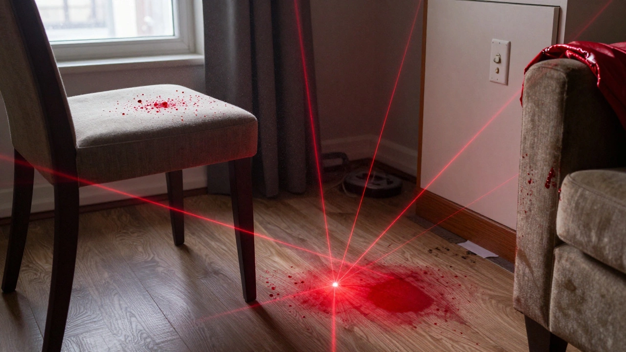 Laser grid mapping chaotic bloodstain patterns on furniture and wall surfaces in a living room crime scene.