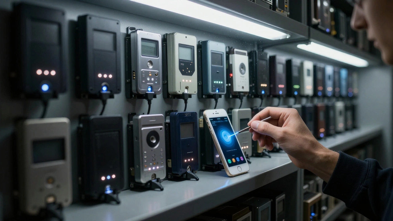 Legacy devices on trickle-charge stations in a climate-controlled evidence vault.