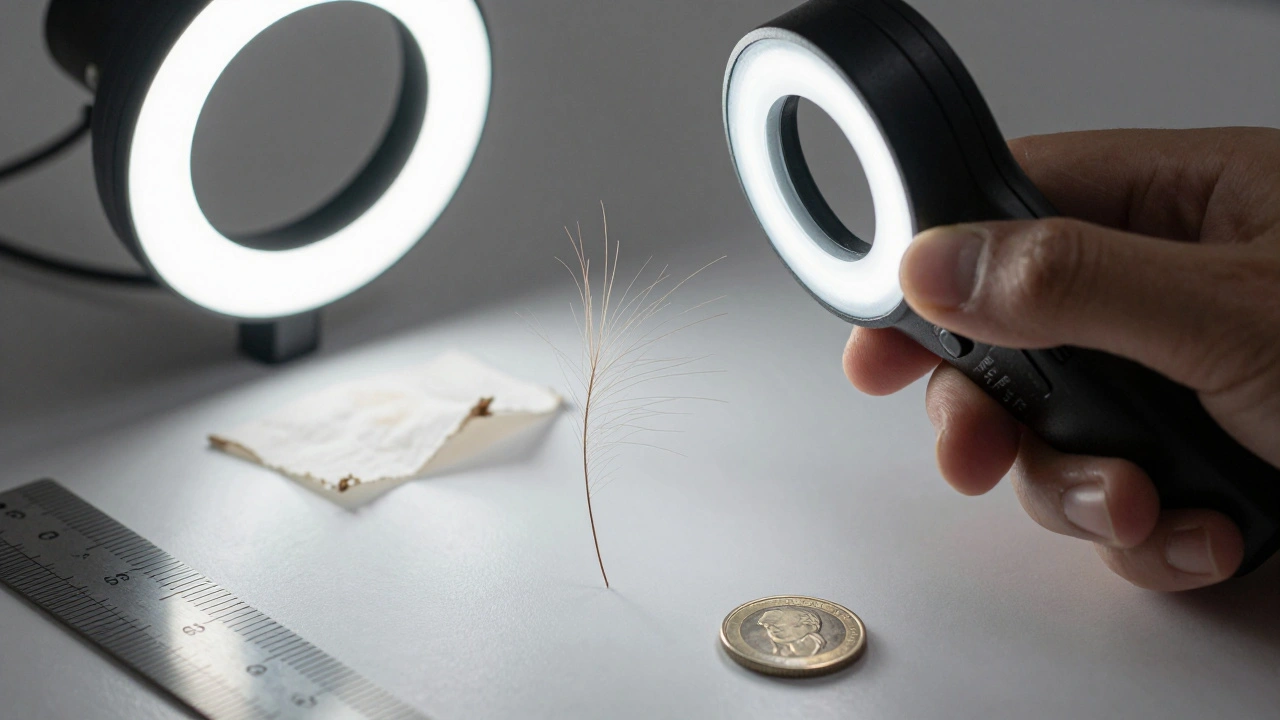 Macro shot of a single fiber with ruler and coin beside it for scale.