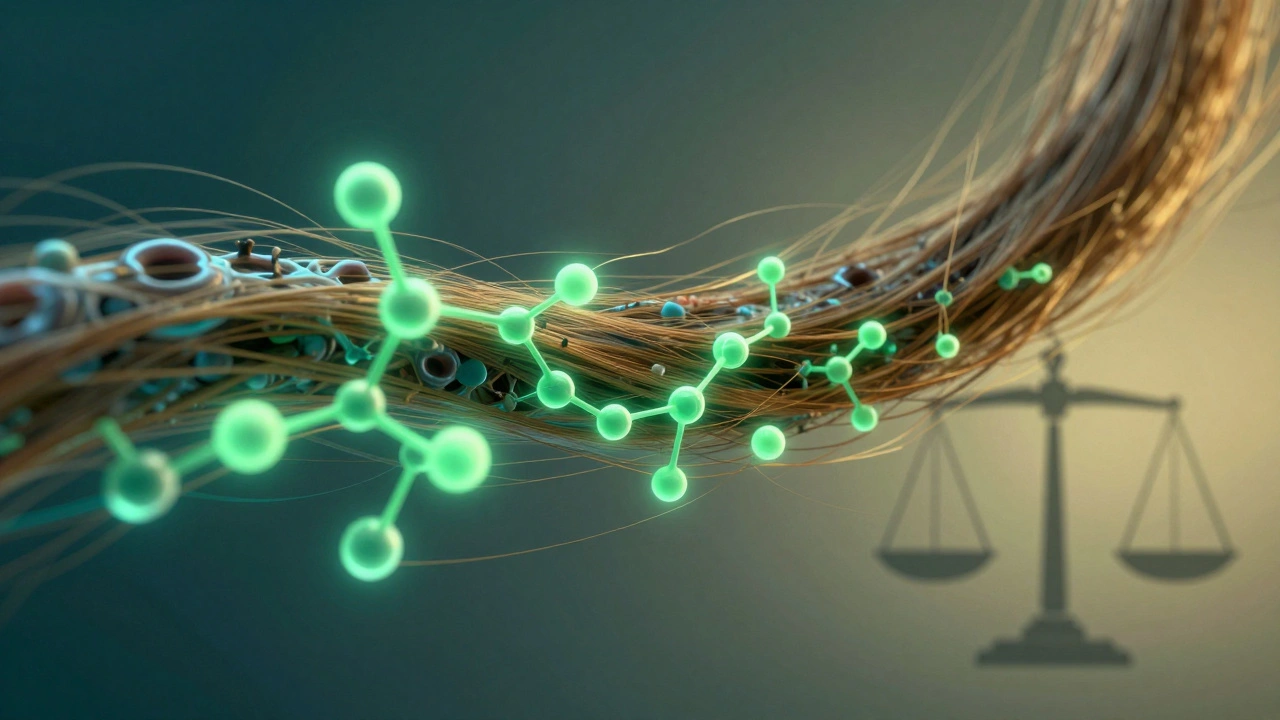 Magnified hair strand with molecules representing advanced drug detection.