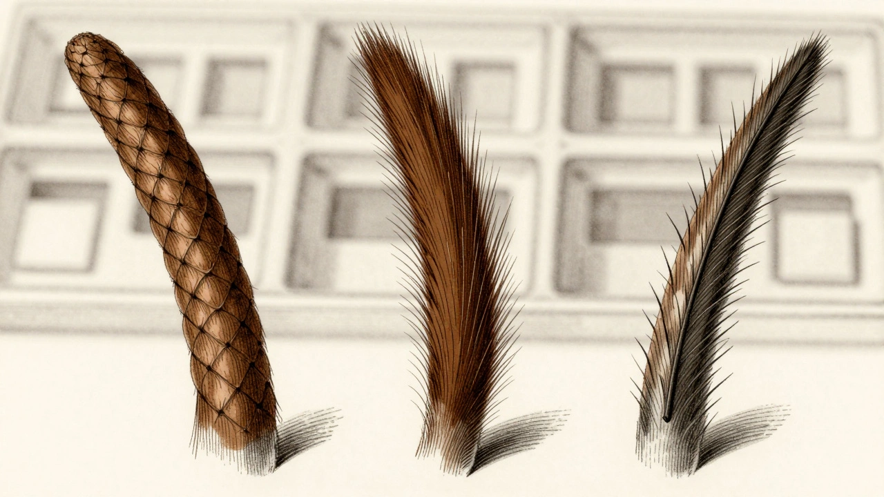 Microscopic view comparing human, cat, and dog hair scale patterns in vintage scientific style.