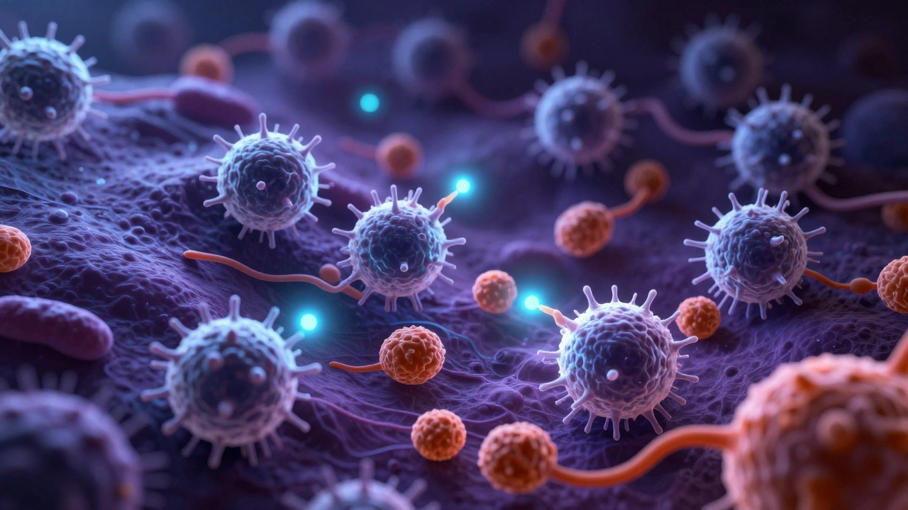 Microscopic view of immune cells fighting bacteria.