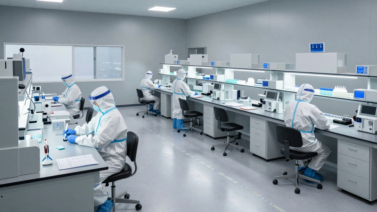 Modern DNA laboratory with organized equipment and researchers