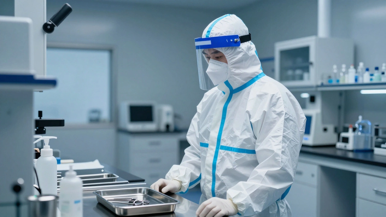 Modern pathologist in full protective gear inside forensic lab.