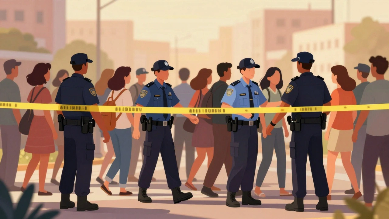 Officers directing a crowd away from a secured crime scene perimeter.