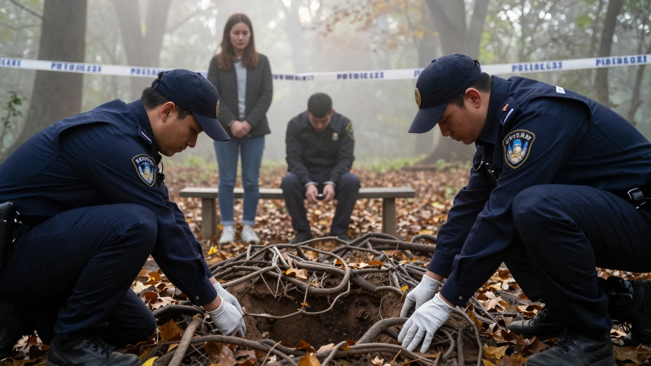 Officers uncovering a hidden grave in a forest as a suspect sits nearby, bringing closure to a family.