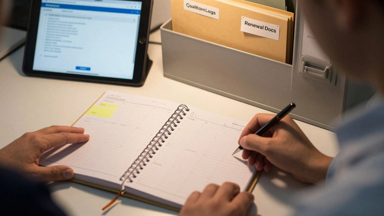 Organized planner with sticky notes and labeled files for accreditation documentation.