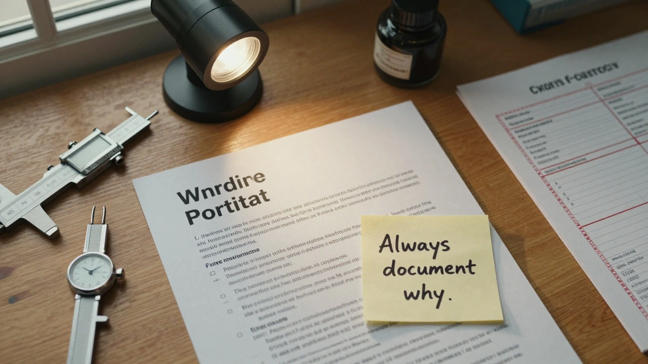 Overhead view of a labeled PDF portfolio with forensic tools and a handwritten note on documentation.