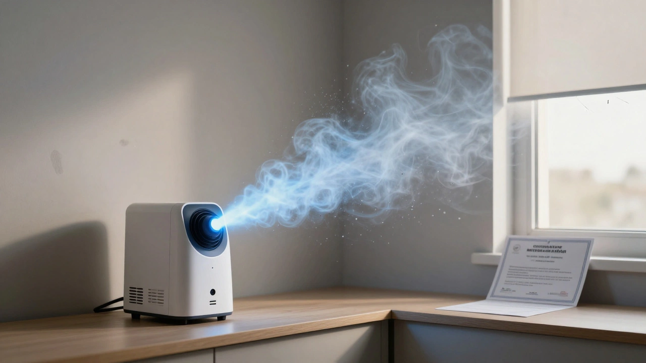 Ozone generator neutralizing odors in a cleaned room, symbolizing restoration and safety.