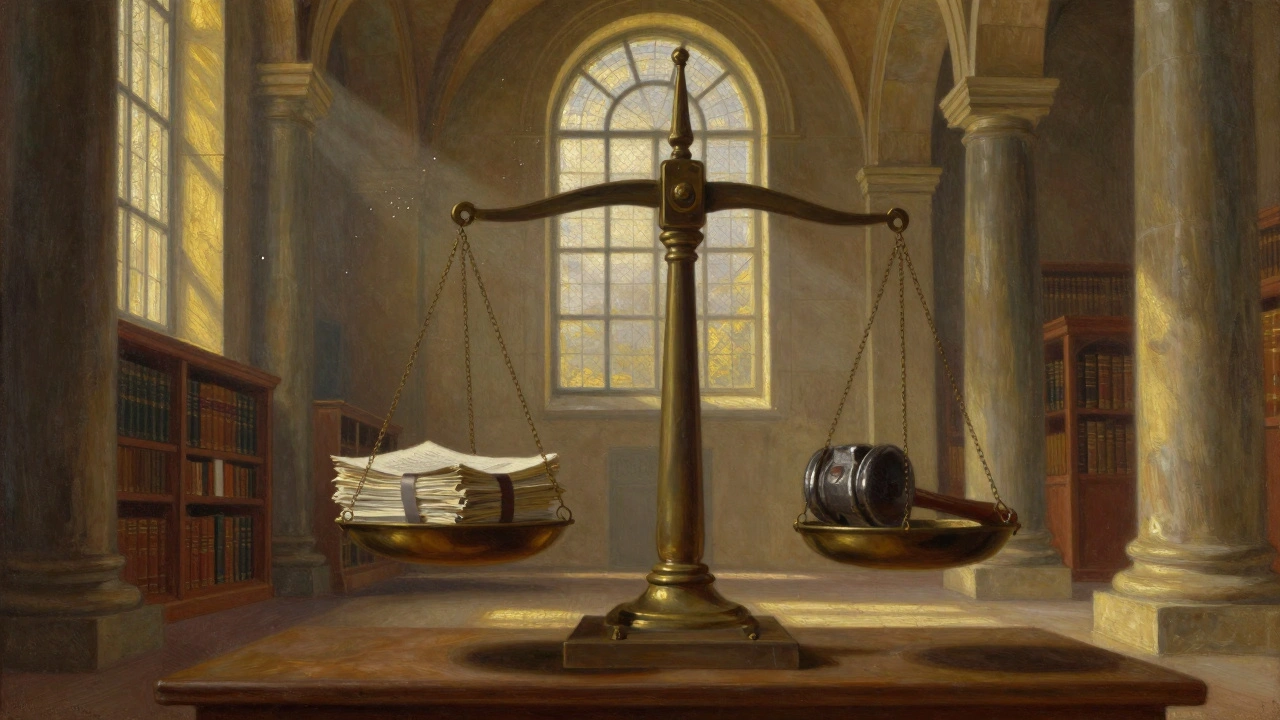 Painting of scales of justice weighing paper bundles against a gavel.