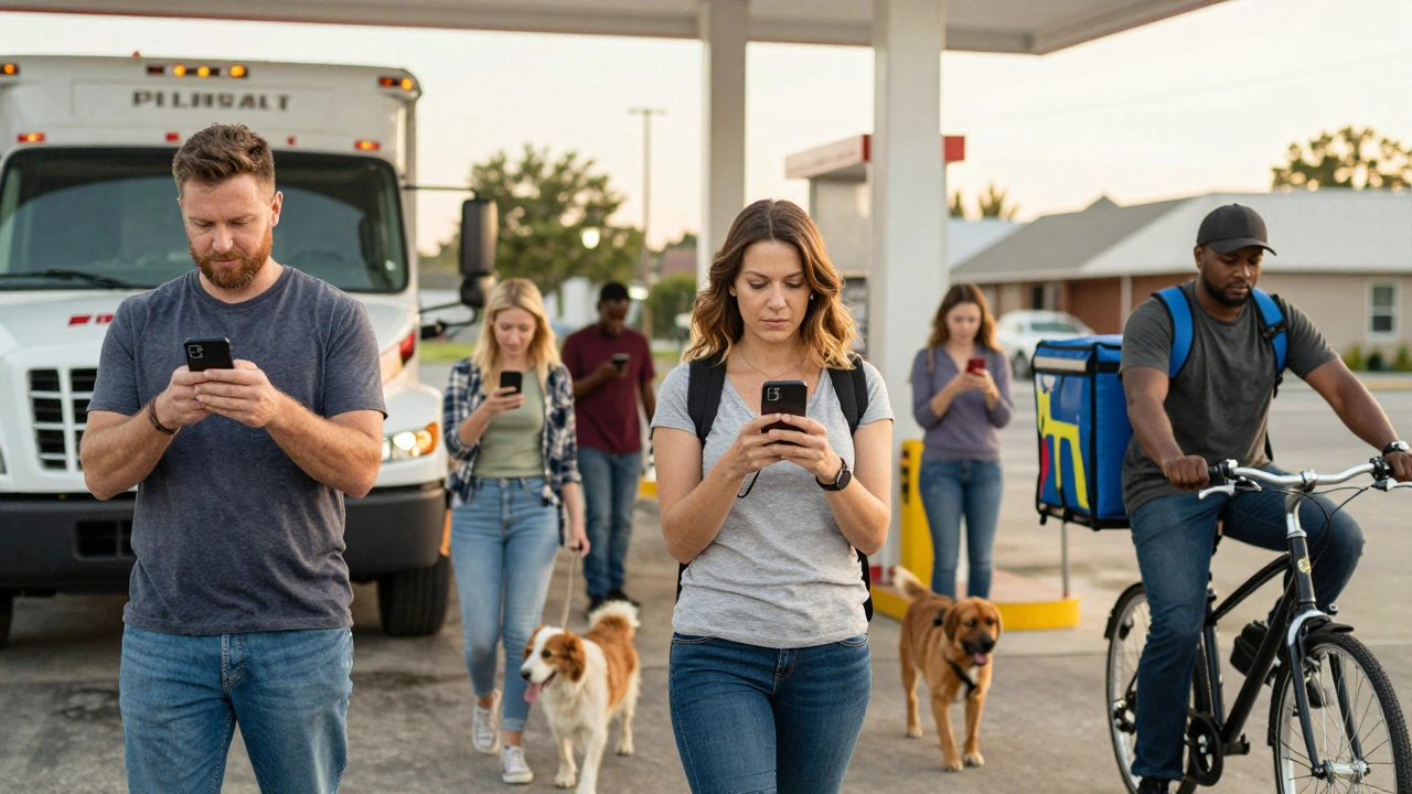 People across America pausing as their phones sound the AMBER Alert, faces lit by emergency broadcasts.