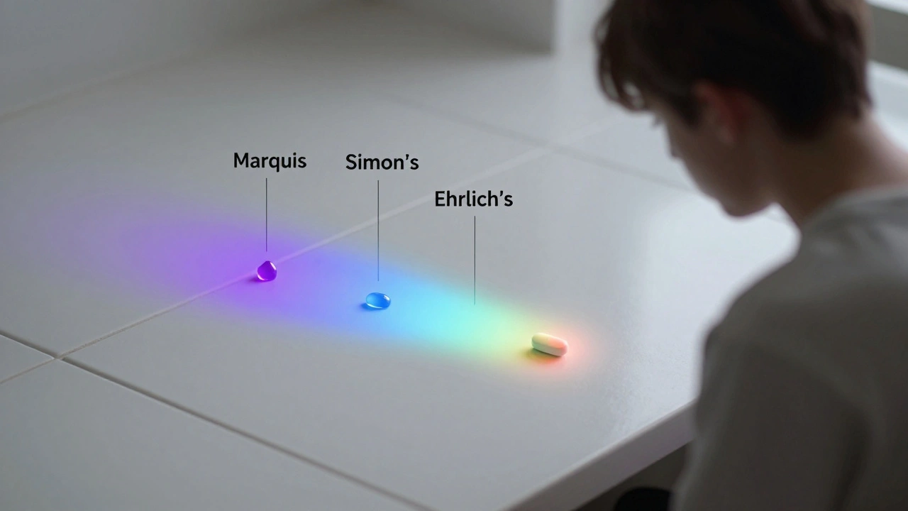 Pill on tile reacting with three reagents, each producing a distinct color, symbolizing drug safety checks.